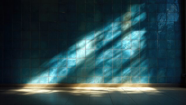 Bright sunlight streams across a tiled wall, casting dramatic shadows