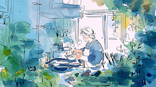 キッチンで料理をしている女性の姿を描いた、シンプルな線画と水彩タッチのイラスト作品、家庭的な温かさと植物のある暮らしを感じる生活シーン、料理時間、暮らし素材、献立、線画イラスト、手描き、料理をしている、キッチン、台所、家庭料理、調理、鍋、食器、植物、暮らし、家事、日常、生活、インテリア、レシピ、料理教室、食卓、住まい、人物、女性、主婦、丁寧な暮らし、背景、挿絵、広告、ブログ、ストック素材、商用利用