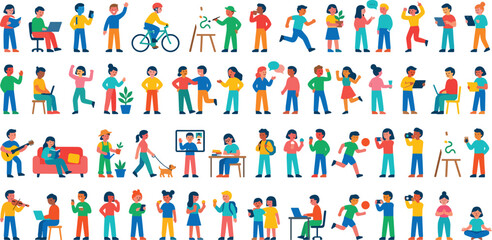 People daily activities collection with working, exercising, chatting and family lifestyle cartoon vector illustration set © NURUL