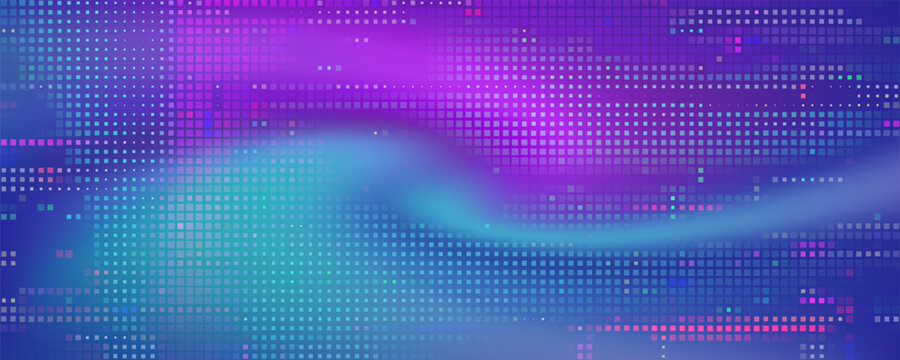 Purple abstract pixel texture bg video screen. Tv pattern background with square noise effect. Futuristic broadcast neon gradient banner for television. Modern vhs led static display element