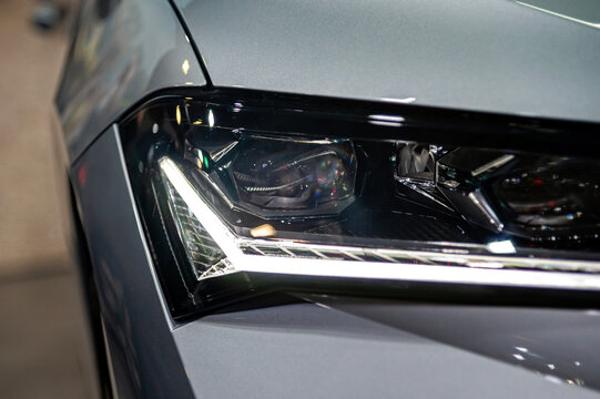 Close look at Skoda Fabia headlight design at motorshow with LED feature on display