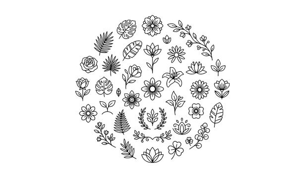 Modern botanical monoline flower and leaf icons with editable outline vector design