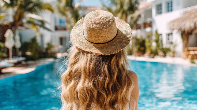 Young woman with long blonde hair wearing a straw hat standing by a bright blue resort swimming pool outdoors photograph