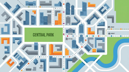 Aerial view of a city map with central park and river. © Barr