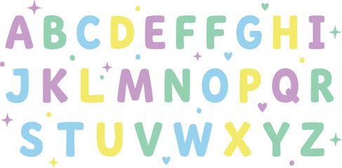 Cute pastel colored alphabet vector set with playful bubble letters and sparkle elements for kids © MST HASMOTARA