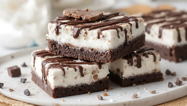 Layered brownies topped with marshmallow and chocolate chunks finished with drizzle placed on marble surface  