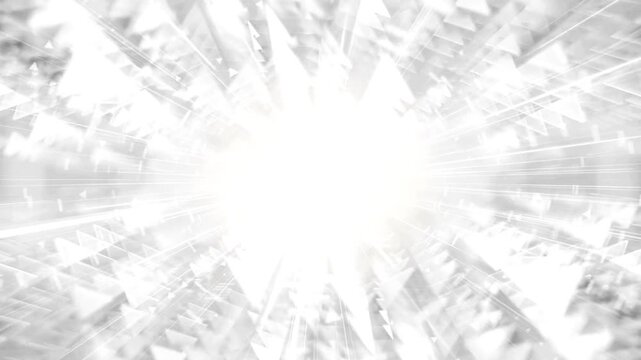 Bright white light bursts outward from center creating a dynamic tunnel effect with geometric shapes and glowing lines in futuristic motion footage.