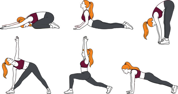 yoga poses sequence line drawing illustration on white background