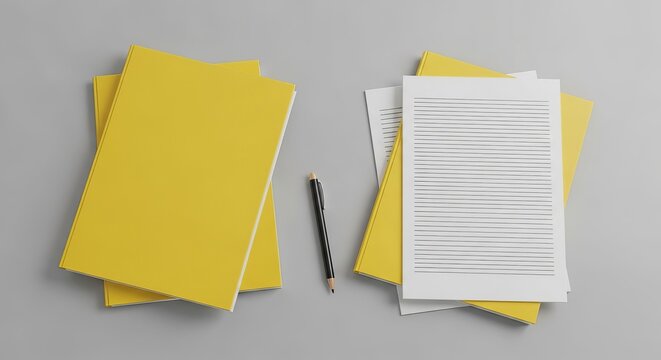 Yellow Folders and Documents with Pencil on Grey Surface