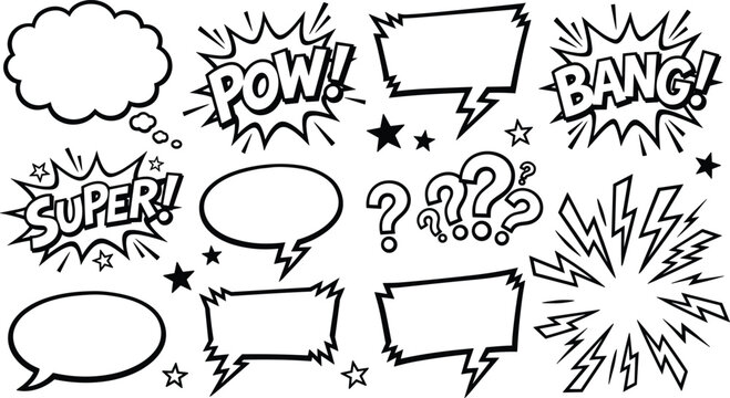 Comic speech bubble and explosion collection with pop art cartoon dialog shapes vector illustration set
