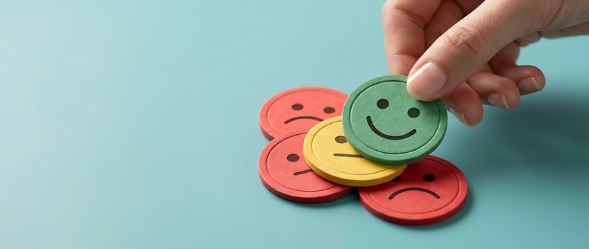 Person holding green smiling face icon above other sad emoticons against teal background representing customer satisfaction survey feedback or mood evaluation test.