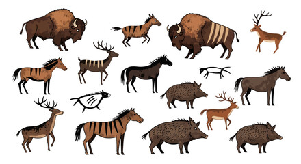 Obraz premium Prehistoric wild animals and forest fauna in cave art style