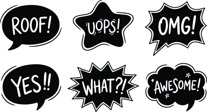 Comic speech bubble collection with funny text effects, cartoon dialog labels and pop art vector set