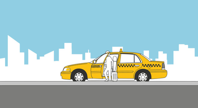 Man with suitcase entering yellow taxi cab in city street with skyline