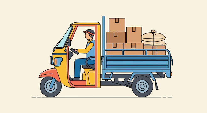 Delivery driver in auto rickshaw carrying packages and sacks, transportation concept