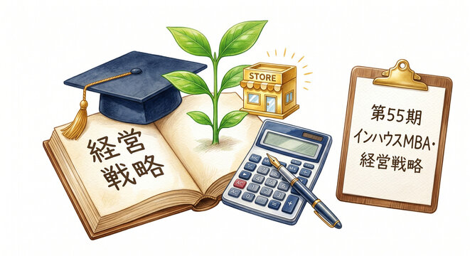 【背景白】経営戦略と人材育成の手描き水彩イラストアイコン：ビジネス書と学士帽