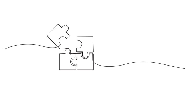 Continuous single line drawing of jigsaw puzzle pieces connecting,Continuous one line drawing of two puzzle pieces minimalist teamwork and problem solving concept vector illustration,Minimalist single