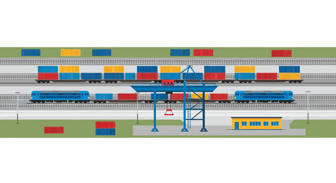 Intermodal freight transport with trains, containers, and gantry crane at a logistics terminal.