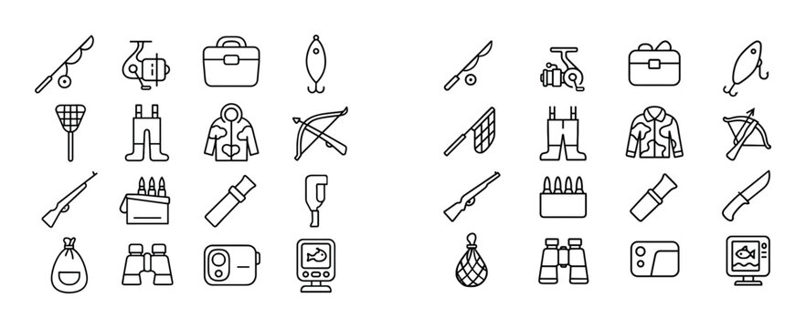 Fishing equipment icons showing rods reels and tackle