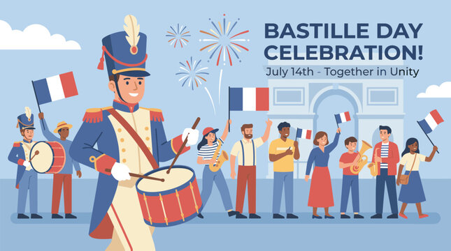 Bastille Day Celebration with a Drummer and Diverse Crowd in Front of the Arc de Triomphe.