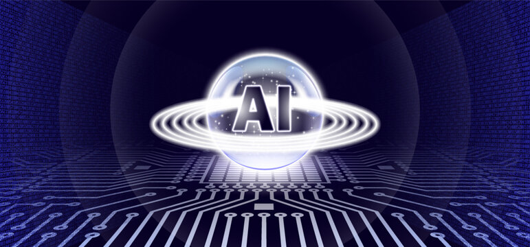 Vector abstract 3D high tech wide digital banner. Volumetric transparent glowing bubble, bright white rings, abbreviation AI. Artificial intelligence. Computer circuit. Virtual futuristic cyber space