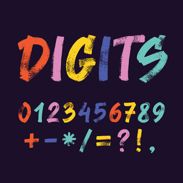 Adobe IllustratorFunky distressed bold number set with dry brush texture. Hand drawn kid playful digits font. Colorful grunge numbers with rough stamp texture. Artwork