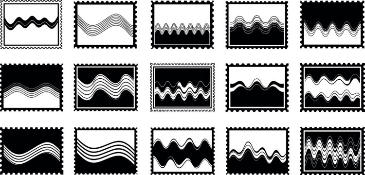 Set of Vintage Black and White Postage Stamp Borders with Abstract Wavy Line Patterns for Retro Correspondence and Postal Design Projects