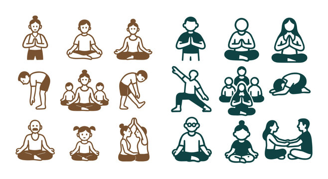 Yoga and meditation concept icons with sitting, stretching and group pose for wellness presentation design in flat style