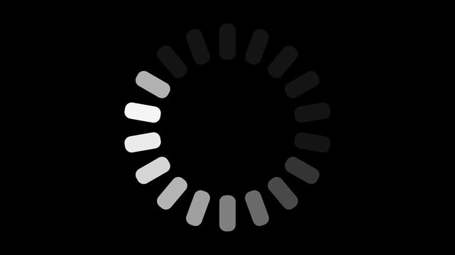 Circular loading spinner with graduated gray segments on black. Loading spinner progress bar. Professional loading spinner for software buffering and digital application wait interface.