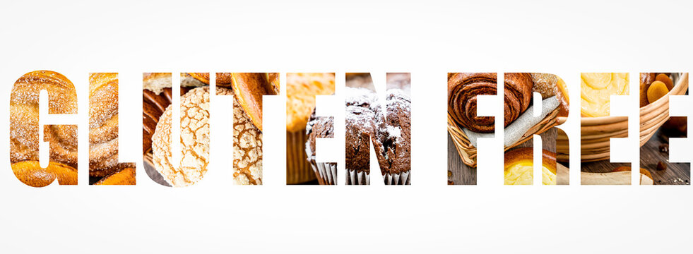 Fresh pastries buns wicker basket rustic style bakery collage Gluten free