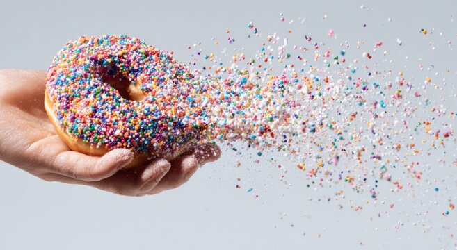 A hand squeezing a colorful sprinkled donut with sprinkles scattering in the air