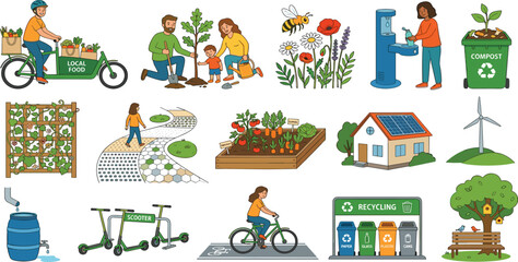 Naklejka premium Sustainable green city lifestyle vector set with cargo bike composting solar house rain barrel