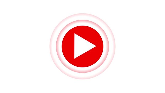 Red play button icon with glowing concentric circles on white. Play button video media. Professional play button for digital video player and media streaming application interface art.