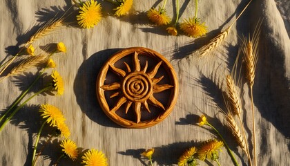 Fototapeta premium Wooden summer solstice sun wheel symbol lying on natural linen with yellow dandelion flowers and wheat ears for pagan celebration and nature energy concept