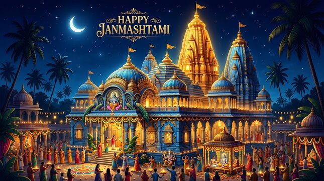 Lord krishna janmashtami celebration in hindu temple with devotees and traditional decorations