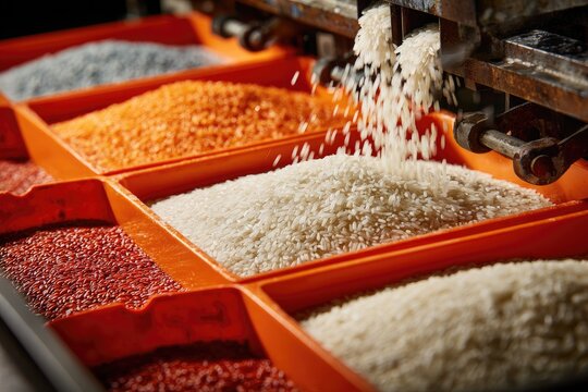 Assortment of grains pouring into containers of varying colors. Production