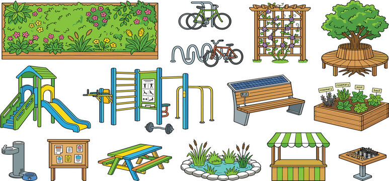 Urban smart park elements vector set with playground outdoor fitness bench pond and garden