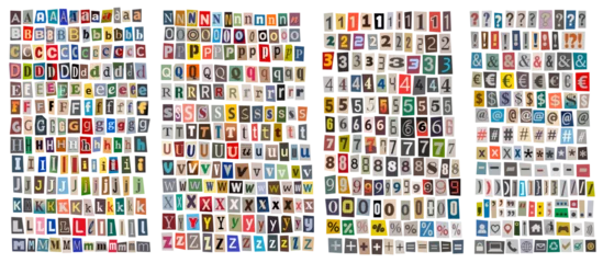 Colorful Ransom-Style Cutout Letters, Numbers and Symbols Collage on White Background © adimas
