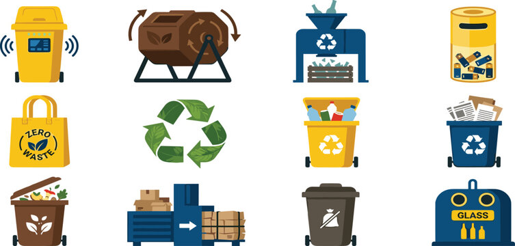 Zero waste recycling icons vector set with composting bin battery glass sorting elements