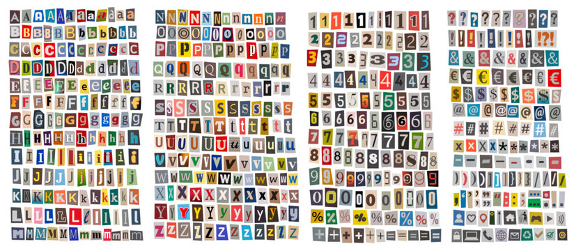 Colorful Ransom-Style Cutout Letters, Numbers and Symbols Collage on White Background
