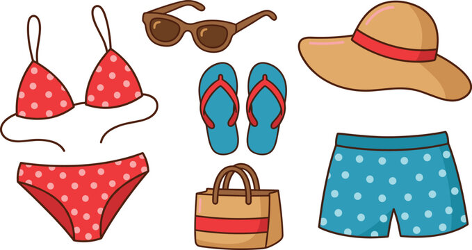 Summer beach vacation vector set featuring red polka dot bikini blue swim trunks flip flops sunglasses straw hat and tote bag for holiday travel concepts.