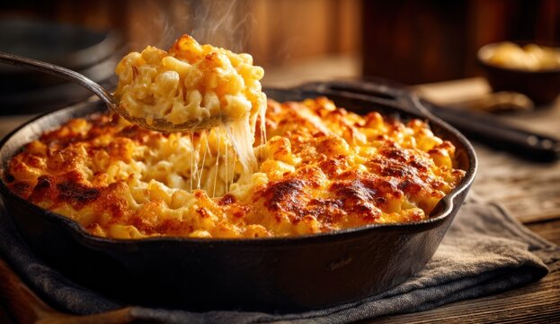 A scoop of creamy macaroni and cheese being pulled from a black skillet, showcasing golden baked top and cheesy interior, with steam rising in a cozy kitchen setting