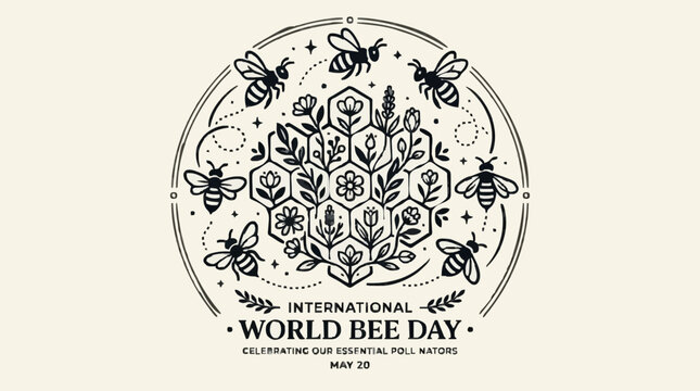 International World Bee Day badge with pollinators and flowers