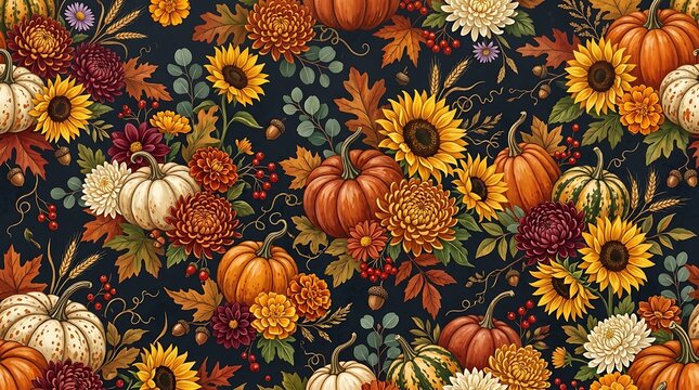 Seamless pattern with autumn pumpkins and sunflowers on dark background