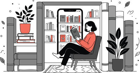 Digital library reading concept with woman sitting among bookshelves and smartphone app vector illustration design © NURUL