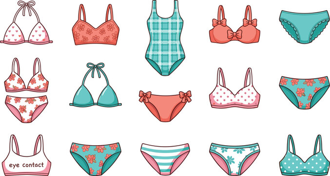 Women swimwear and lingerie vector set featuring colorful bikinis one piece swimsuits bras and panties with floral polka dot and striped patterns for summer fashion retail.