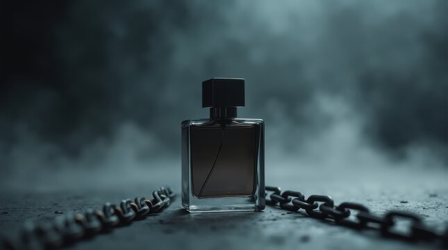 A glass perfume bottle stands firm in the center, surrounded by thick steel chains and light smoke, creating a strong visual contrast in the dark setting