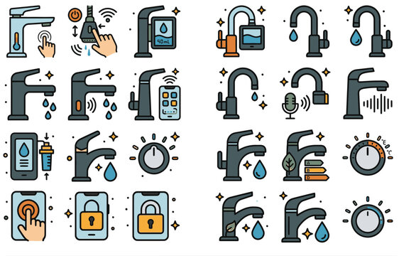 Smart Faucet and Water Technology Icon Set: Innovative IoT Plumbing Features, Touchless Sensors, App Control, and Eco-Friendly Conservation Icons for Modern Home Automation.