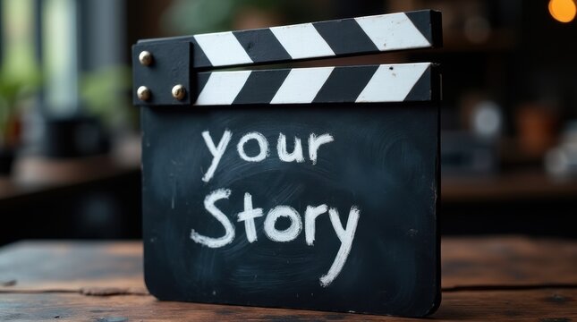 Black film clapboard with white chalk text reads your story. Used for movie production and video creation. A symbol of filmmaking and storytelling. 
