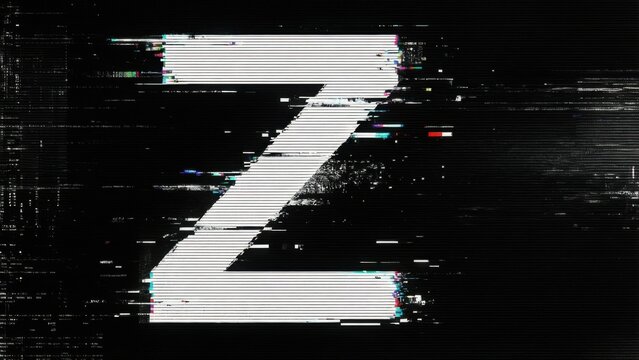 Black and white glitchy representation of the letter Z, showcasing a thin font style that evokes hacker aesthetics and digital distortion 
